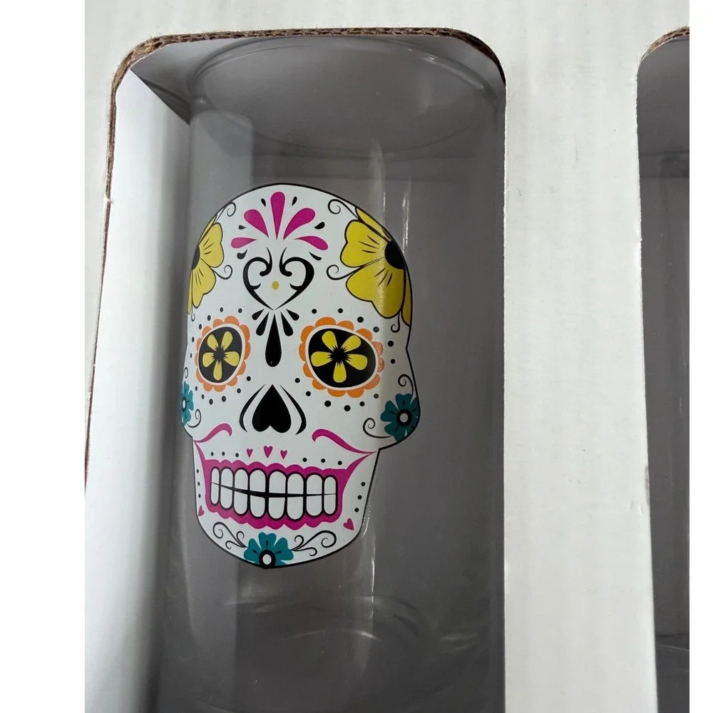 Paper Source Sugar Skull Glasses Set of Four 8 oz Dia de los Muertos Tumbler New